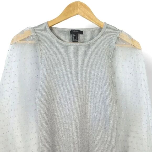 NEW Forever 21 Sheer Swiss Dot Puff Sleeve Rib Knit Sweater in Gray Size Small - Picture 6 of 13